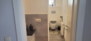 Hair dryer, towels, soap, toilet paper