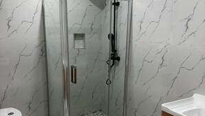 A modern bathroom with a glass-enclosed shower, a toilet, and a sink.