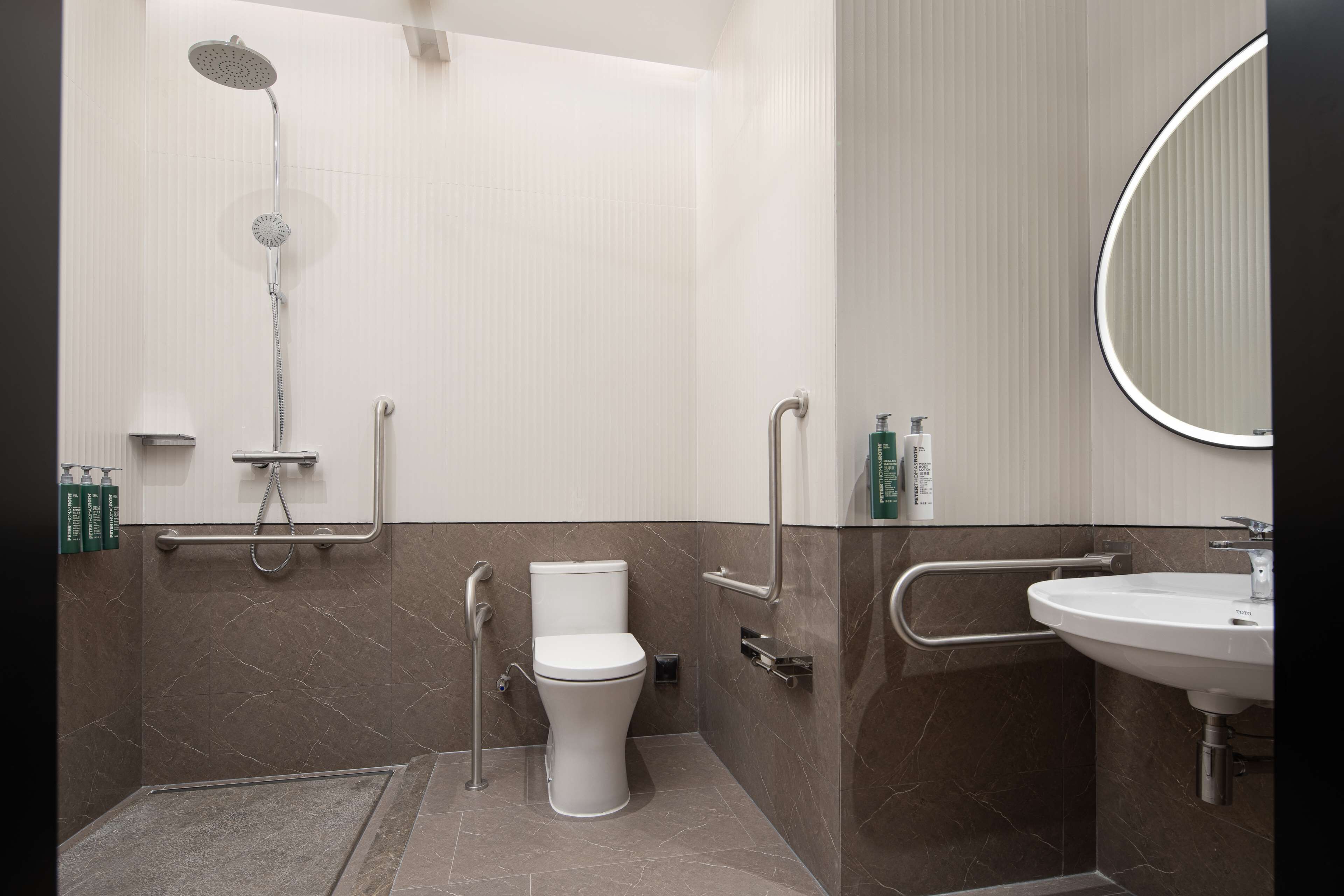 A modern bathroom with a toilet, shower, and sink, equipped with grab bars and a handrail.