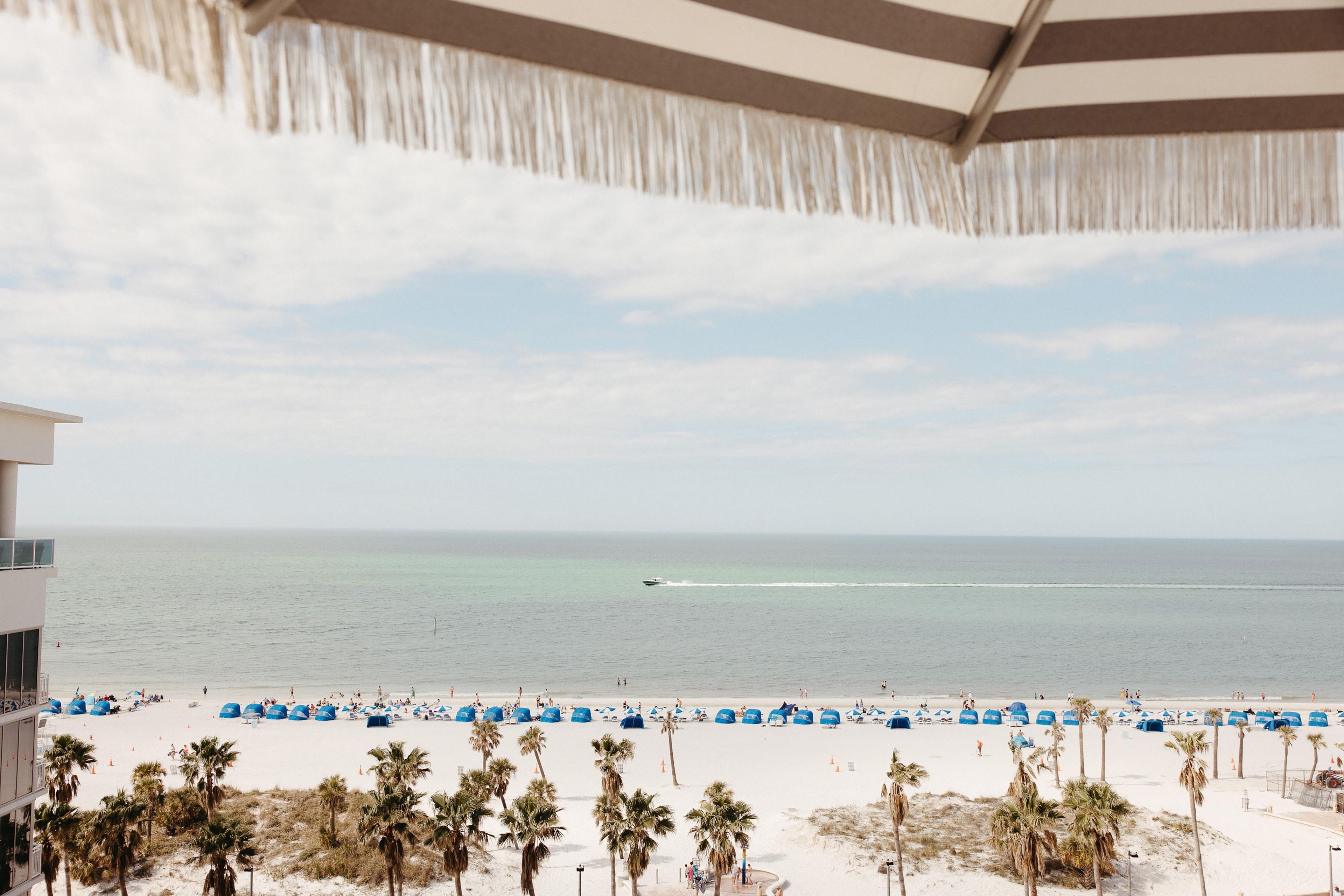 A beach view from a balcony with a clear sky, palm trees, and beach umbrellas.