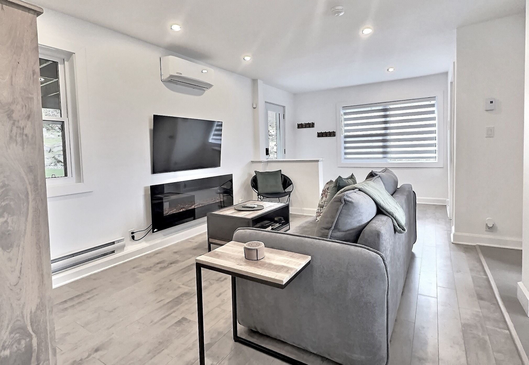 Smart TV, chimenea y libros 