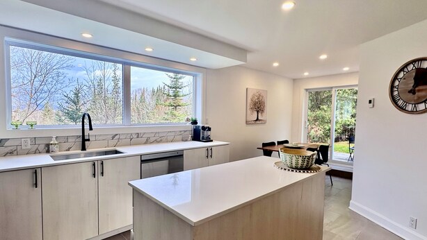 A modern kitchen with a large island, a built-in dishwasher, and a window overlooking a forest.