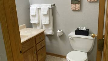 Hårtork, handdukar, tvål och schampo