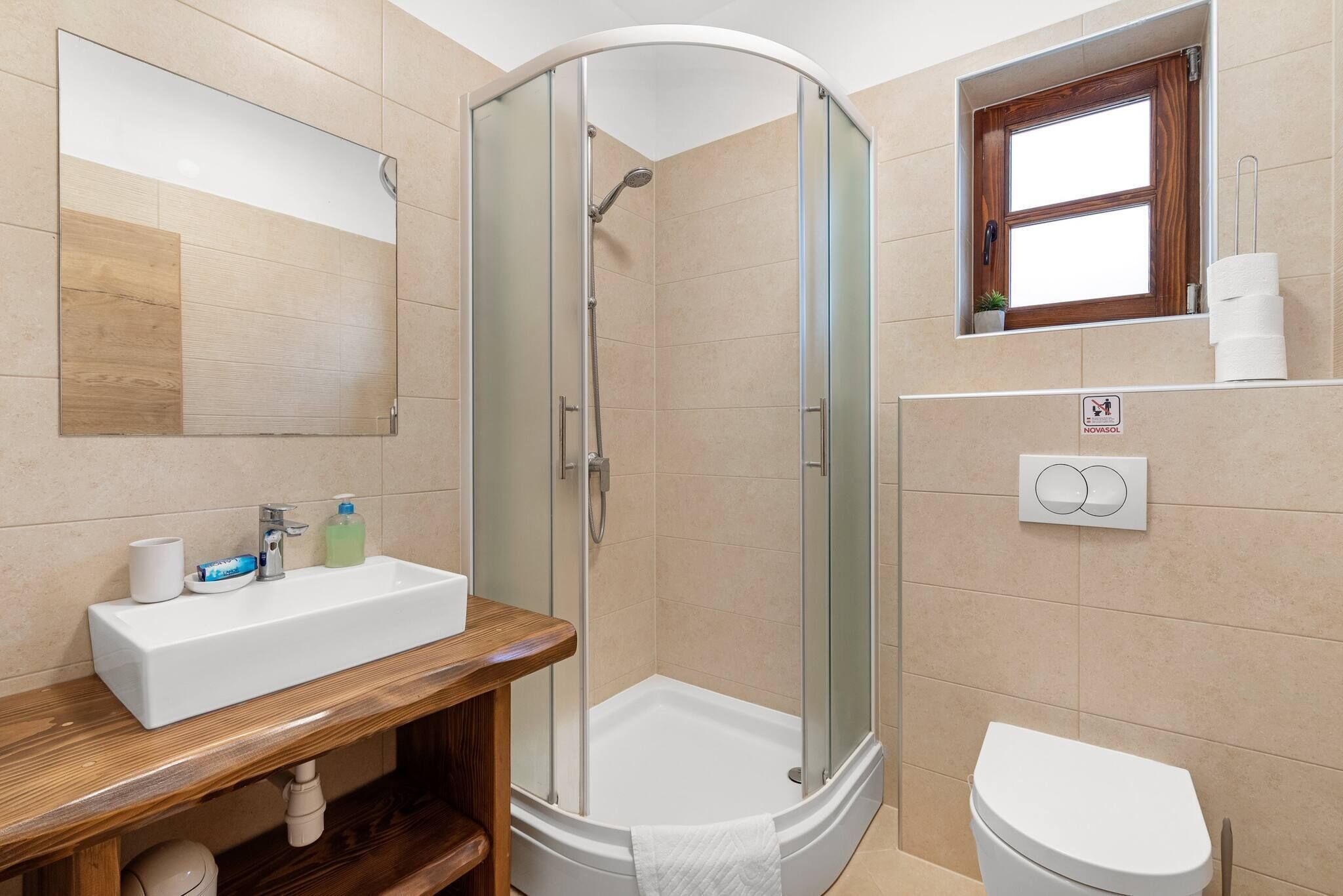 Un baño con ducha de vidrio, lavabo con artículos de aseo y retrete.