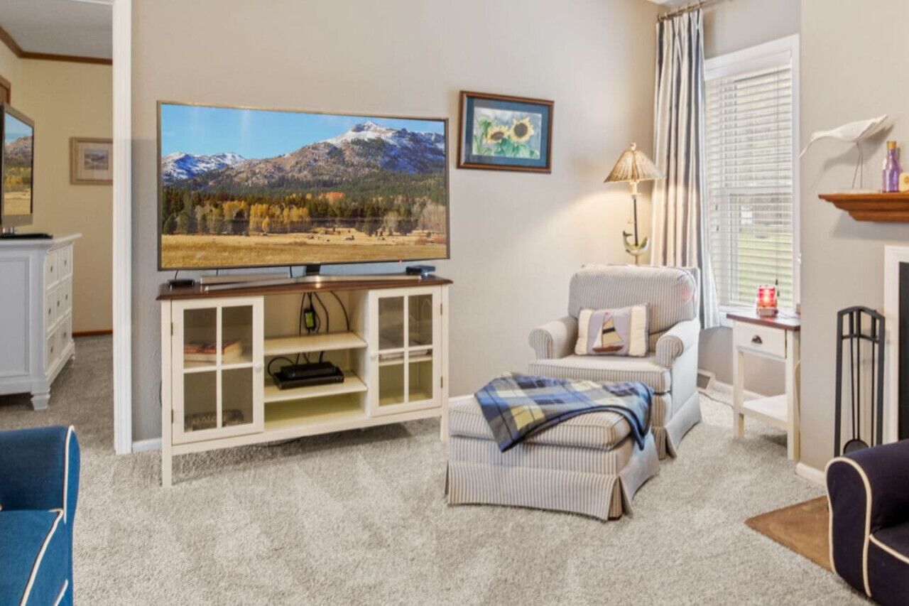 Tv, eldstad och böcker