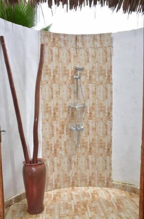 Regadera, secadora de cabello, toallas, jabón 