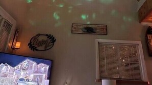 A room with a ceiling projection of a green forest scene, a small window, and a television displaying a house.