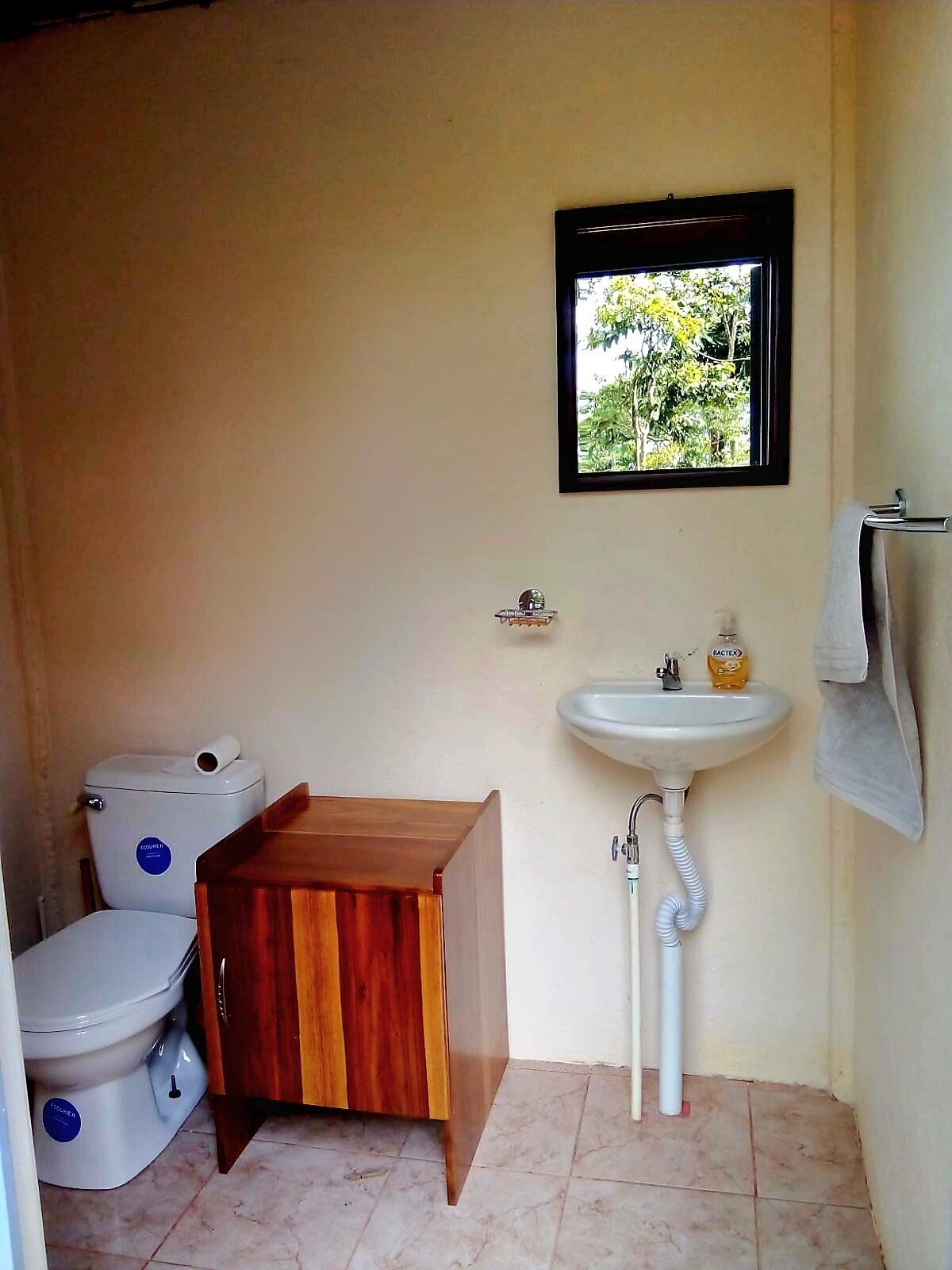 Une petite salle de bain comprenant des toilettes, un meuble en bois, un lavabo et une fenêtre donnant sur un espace verdoyant.