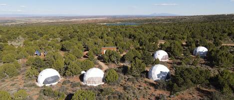 A remote area with several dome-shaped structures surrounded by dense vegetation and a few buildings.