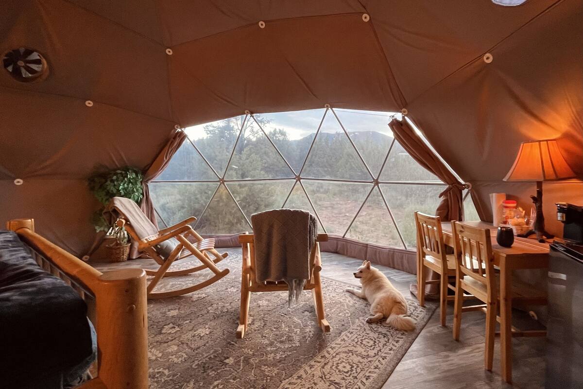 A cozy interior of a geodesic dome tent with a dining area, a rocking chair, a pet-friendly space, and a view of the surrounding landscape.