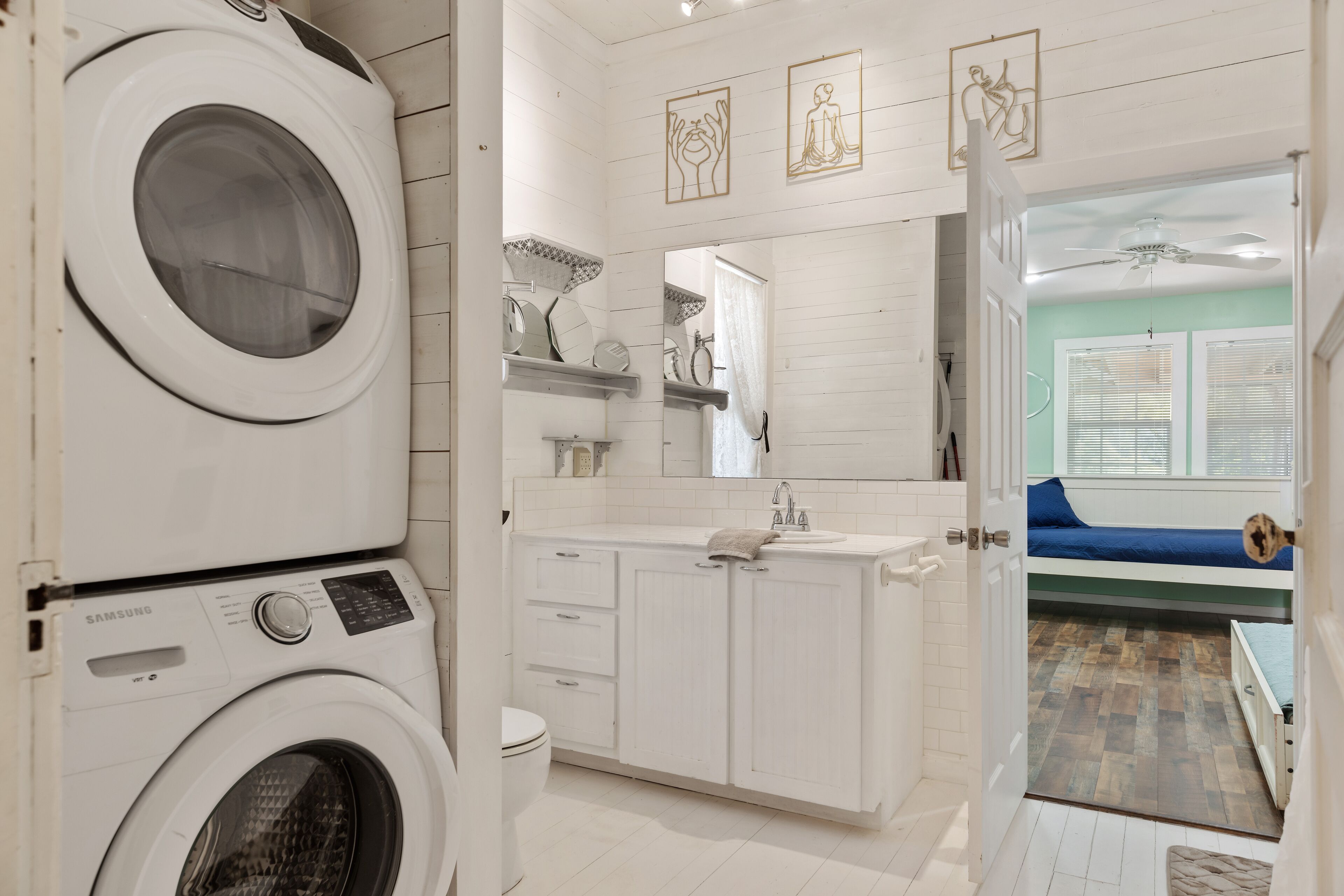 Hair dryer, towels, soap, shampoo