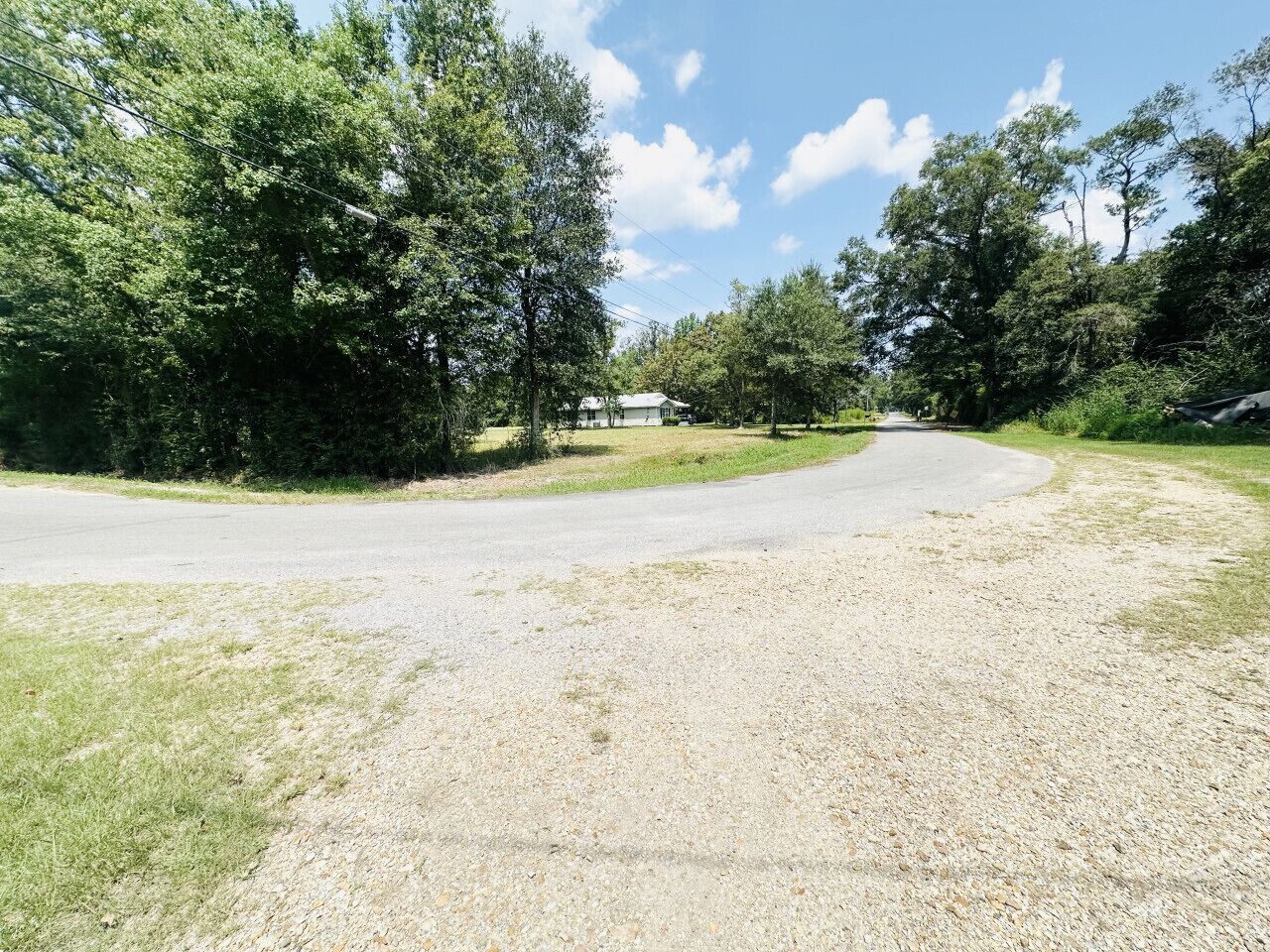 Una strada sterrata che conduce a una casa circondata da alberi.