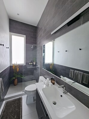 Douche, sèche-cheveux, serviettes fournies, savon