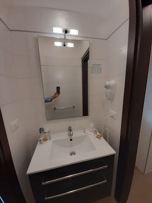 Regadera, secadora de cabello, bidet, toallas