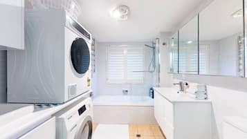 Hair dryer, towels, soap, shampoo