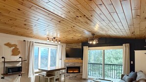 Een knus cabin interieur met een houten plafond, een open haard, een bank, een bed en een eethoek.