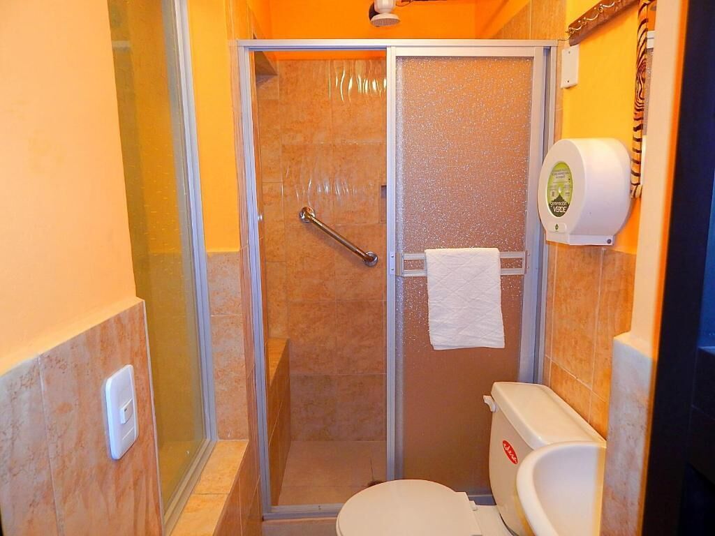 A small bathroom with a shower, toilet, and hand dryer.