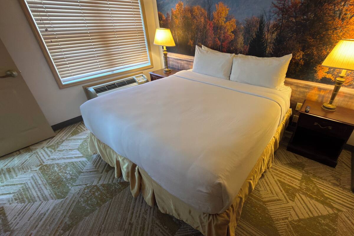 Ein Hotelzimmer mit einem großen Bett, zwei Nachttischlampen, einem Fenster mit Jalousien und einem Teppichboden.