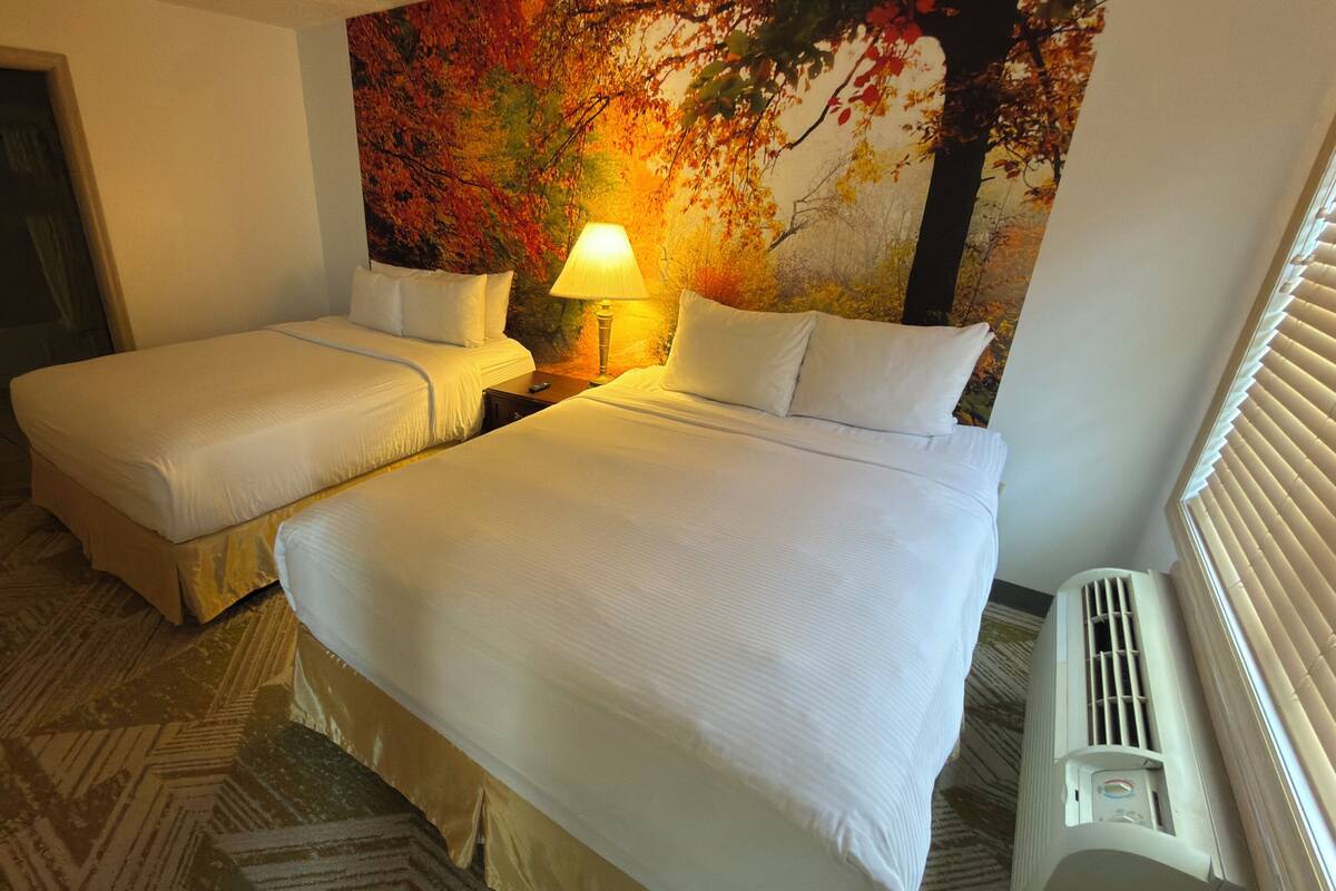 Ein Hotelzimmer mit zwei Betten, einem Nachttisch mit Lampe, einem Wandbild und einer Heizung.