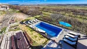 A swimming pool with lounge chairs and umbrellas, surrounded by a deck and a view of the countryside. - Nice apartment in Stara Vas with WiFi (Stara Vas)