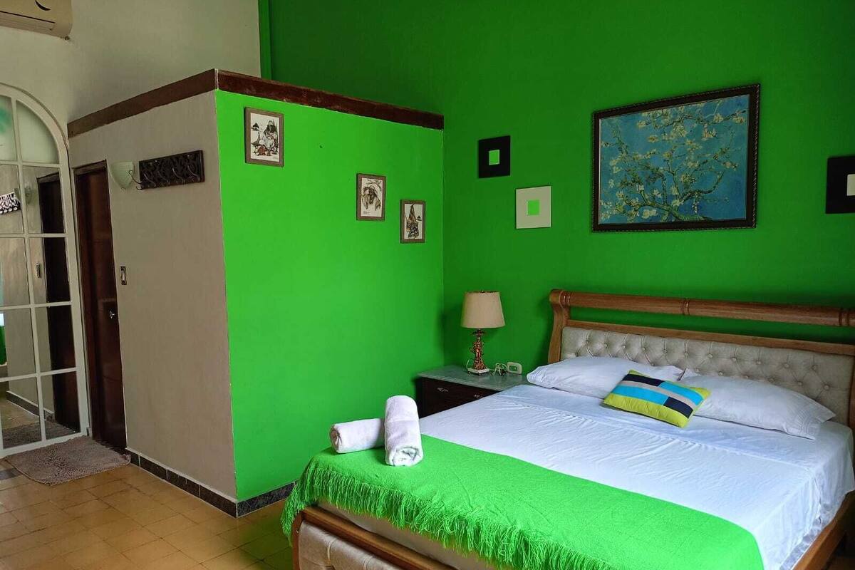 A bedroom with a green wall, a bed with a green bedspread, a wooden headboard, and a nightstand with a lamp.