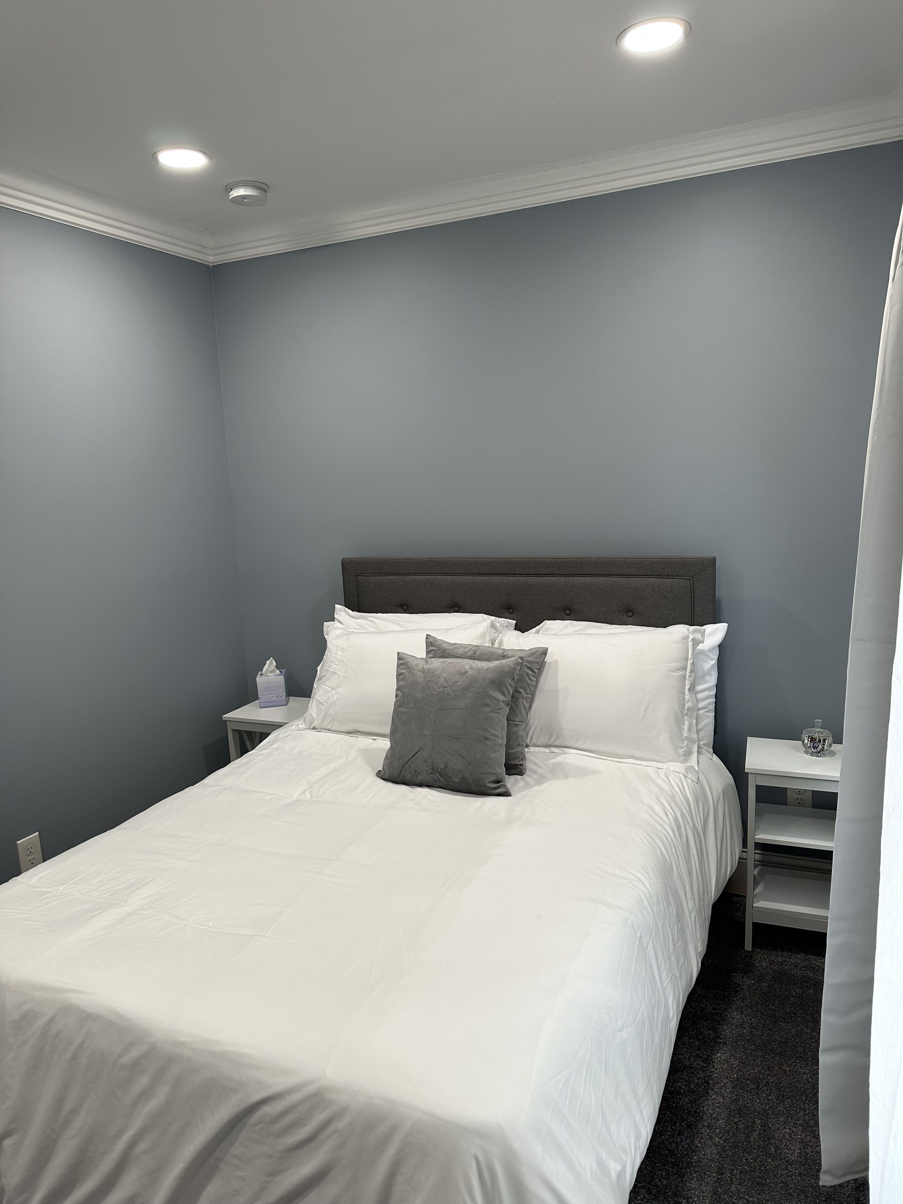 Una cama bien hecha con ropa de cama blanca y dos almohadas grises, una mesita de noche con una caja de pañuelos y un mueble auxiliar con un objeto decorativo.
