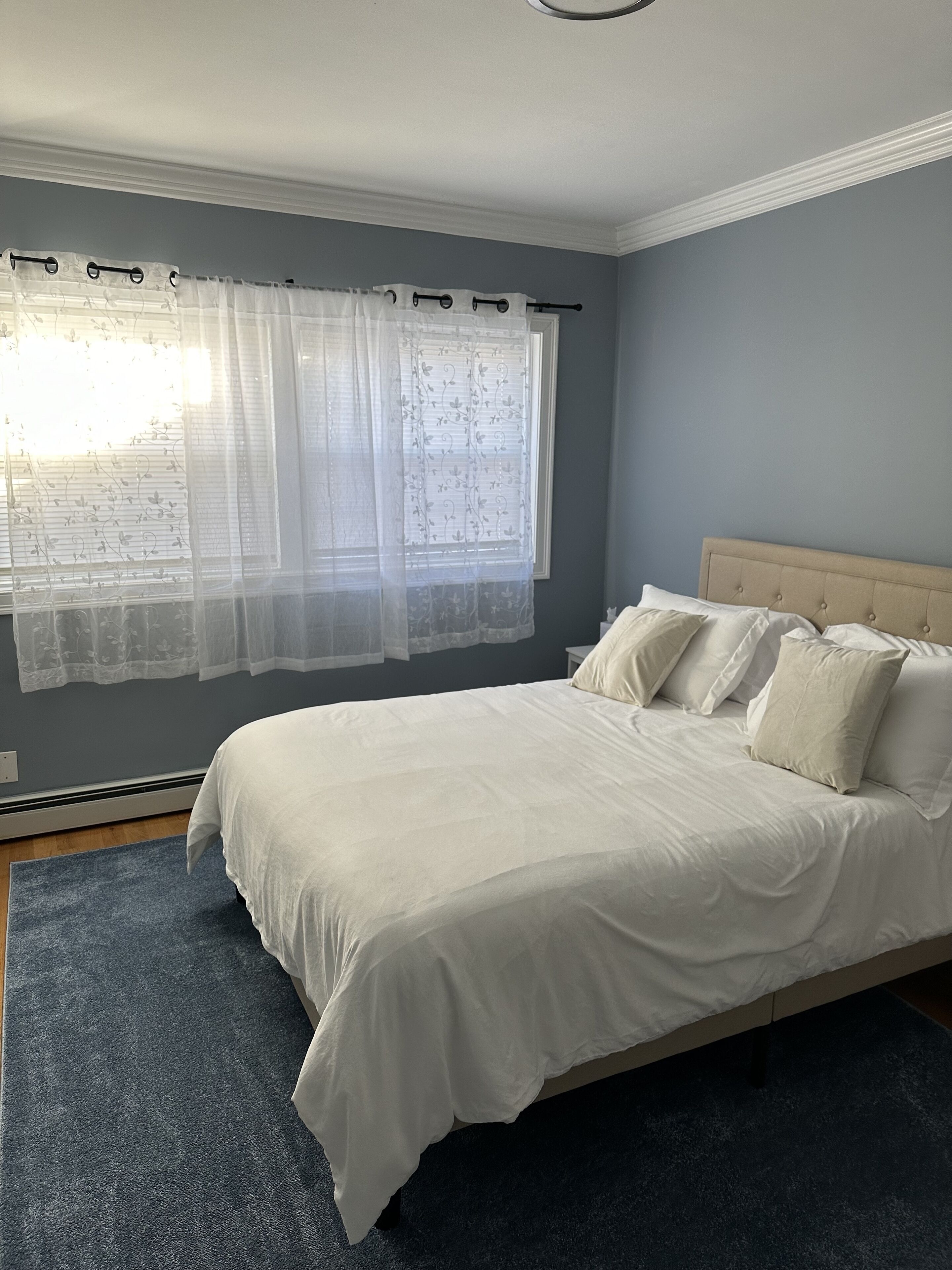 Una camera da letto con un letto, una finestra con tende leggere e un tappeto blu scuro.