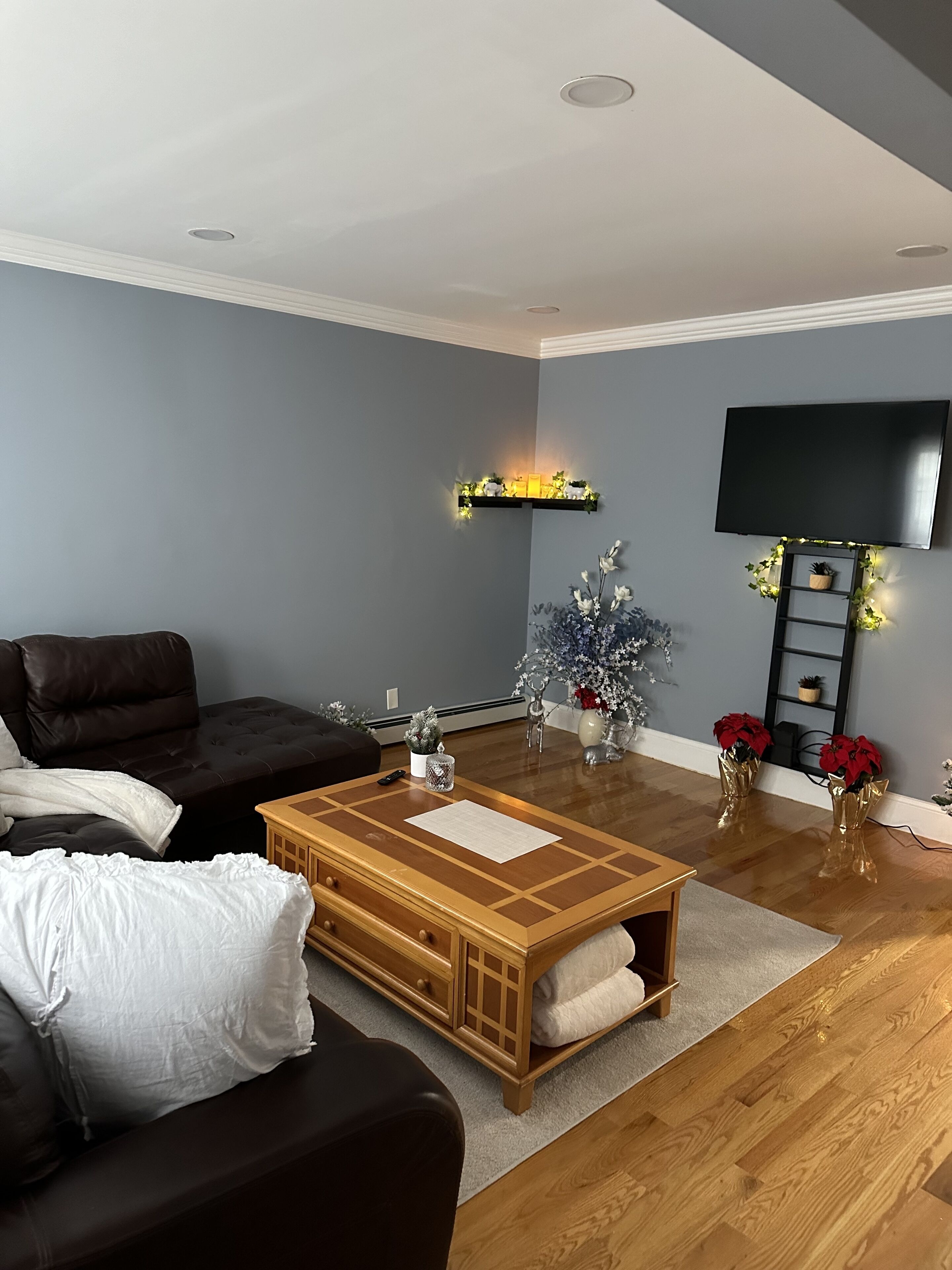 A modern living room with a dark brown sofa, a wooden coffee table, and a flat-screen TV mounted on the wall.