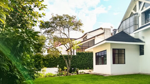 A modern house with a well-maintained lawn, a large tree, and a satellite dish. - The Dream House  (Quito)