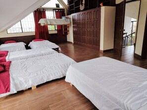 Chambre quadruple familiale, Plusieurs lits, balcon, vue sur le jardin | Couette en duvet, décor unique, accès au Wi-Fi (inclus), literie fournie