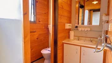 Shower, rainfall showerhead, hair dryer, towels