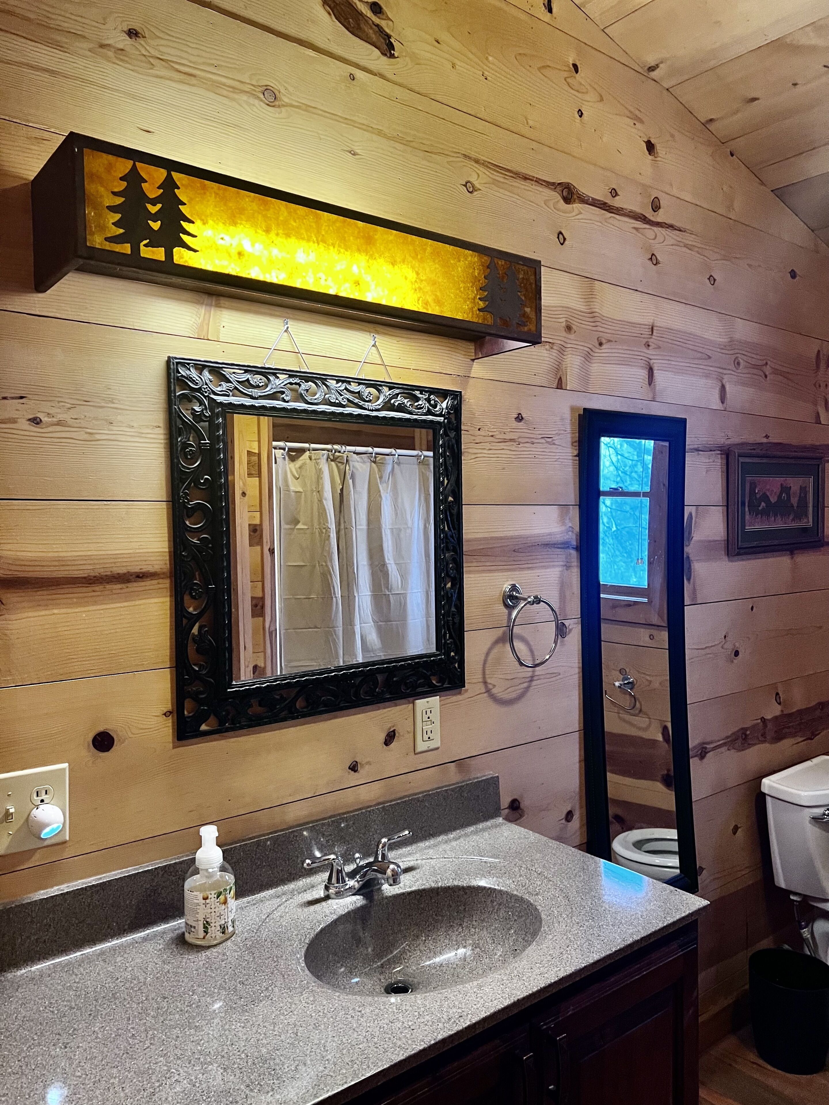 A wooden cabin bathroom with a granite sink, a mirror with a black ornate frame, a towel rack, and a framed picture on the wall.