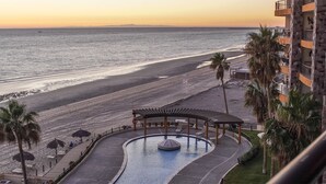 Un hôtel situé en bord de mer, doté d’une piscine, de palmiers et offrant une vue sur l’océan.