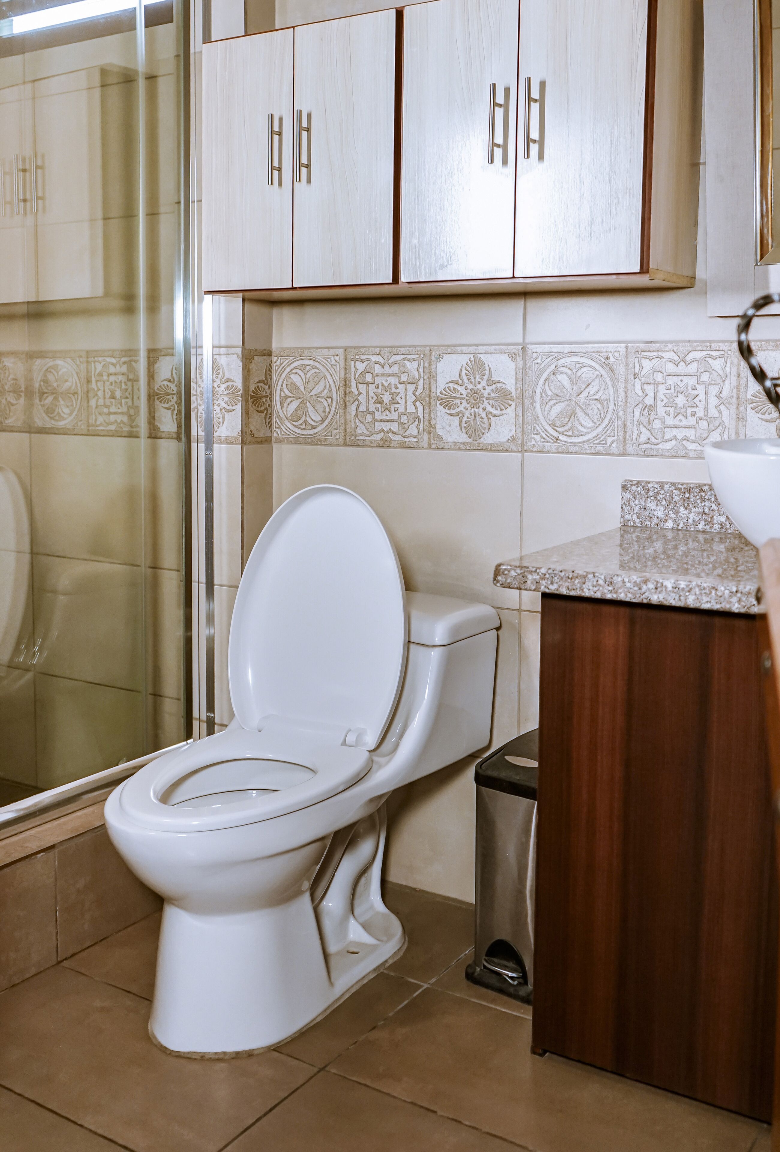 Un baño con inodoro, ducha y lavamanos.