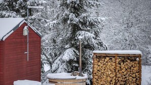 A red wooden building with a snow-covered roof, a wooden hot tub, and a stack of firewood in a snowy outdoor setting. - Pod Liščím kopcem 2+2 by Interhome (Dolni Branna)