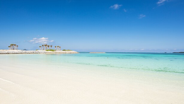 A beach with clear turquoise water, white sand, and a small island with palm trees. - ADAN RESORT -LANTERN- (Motobu)