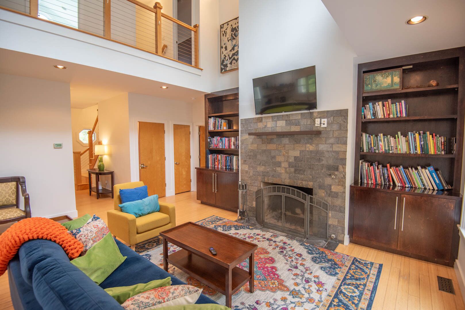 TV, fireplace, foosball