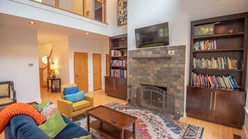 TV, fireplace, foosball