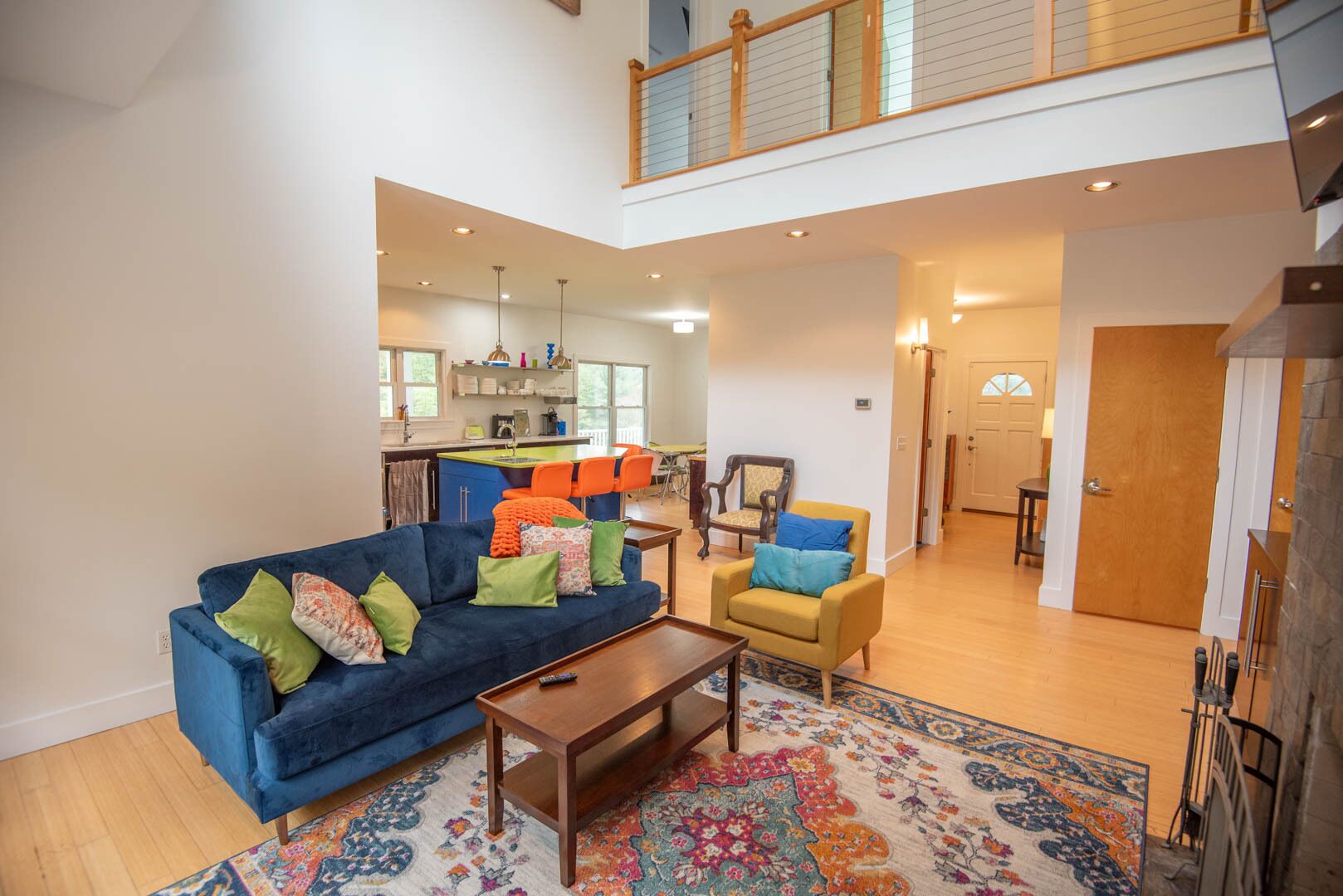 TV, fireplace, table football