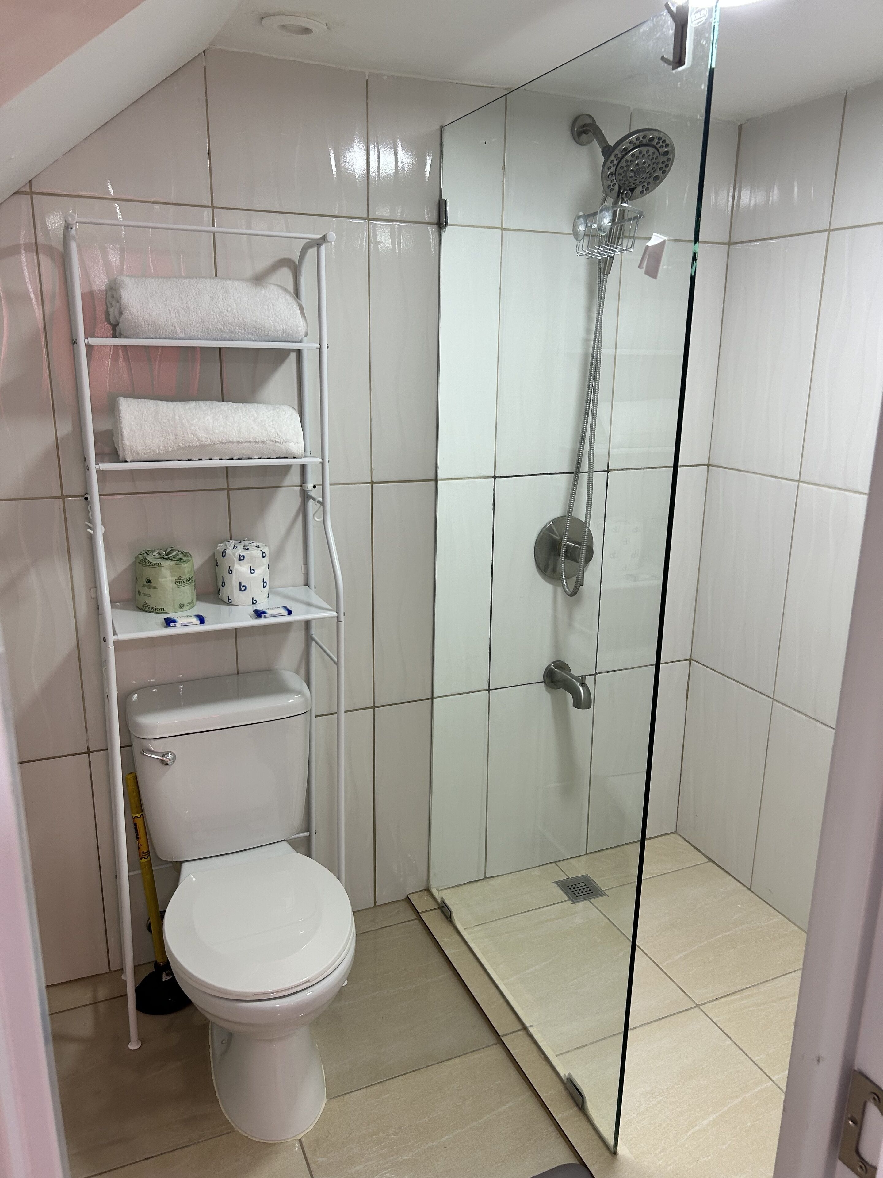 Shower, towels, soap, toilet paper