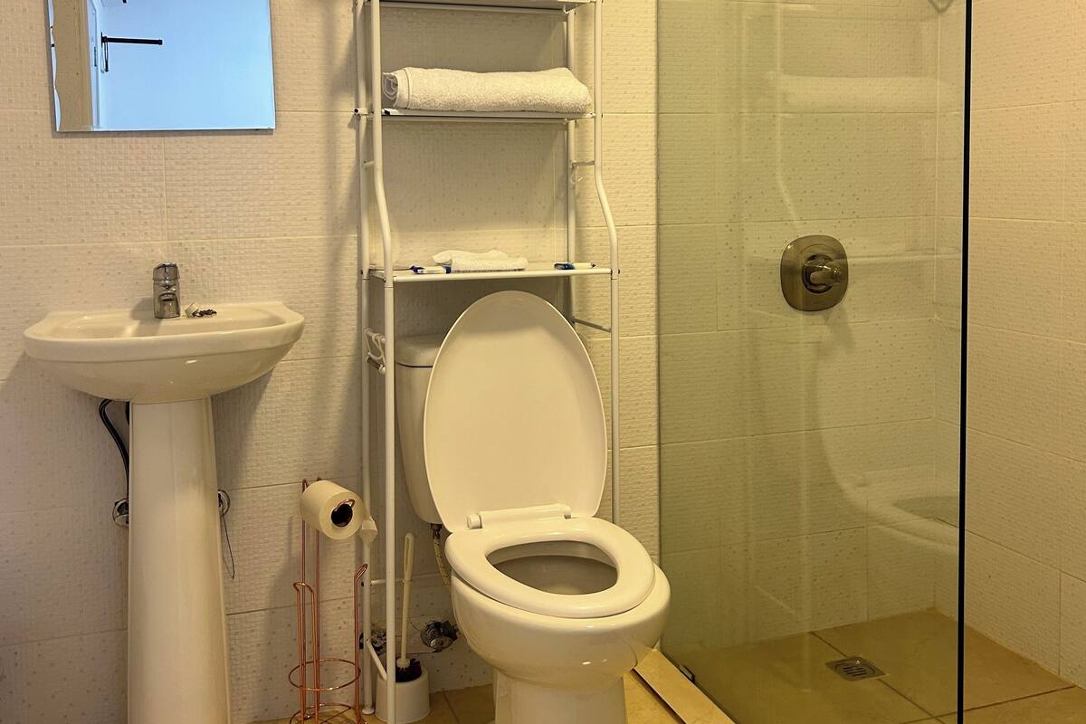 Ein Badezimmer mit Toilette, Waschbecken, Duschkabine aus Glas und einem Handtuchhalter.