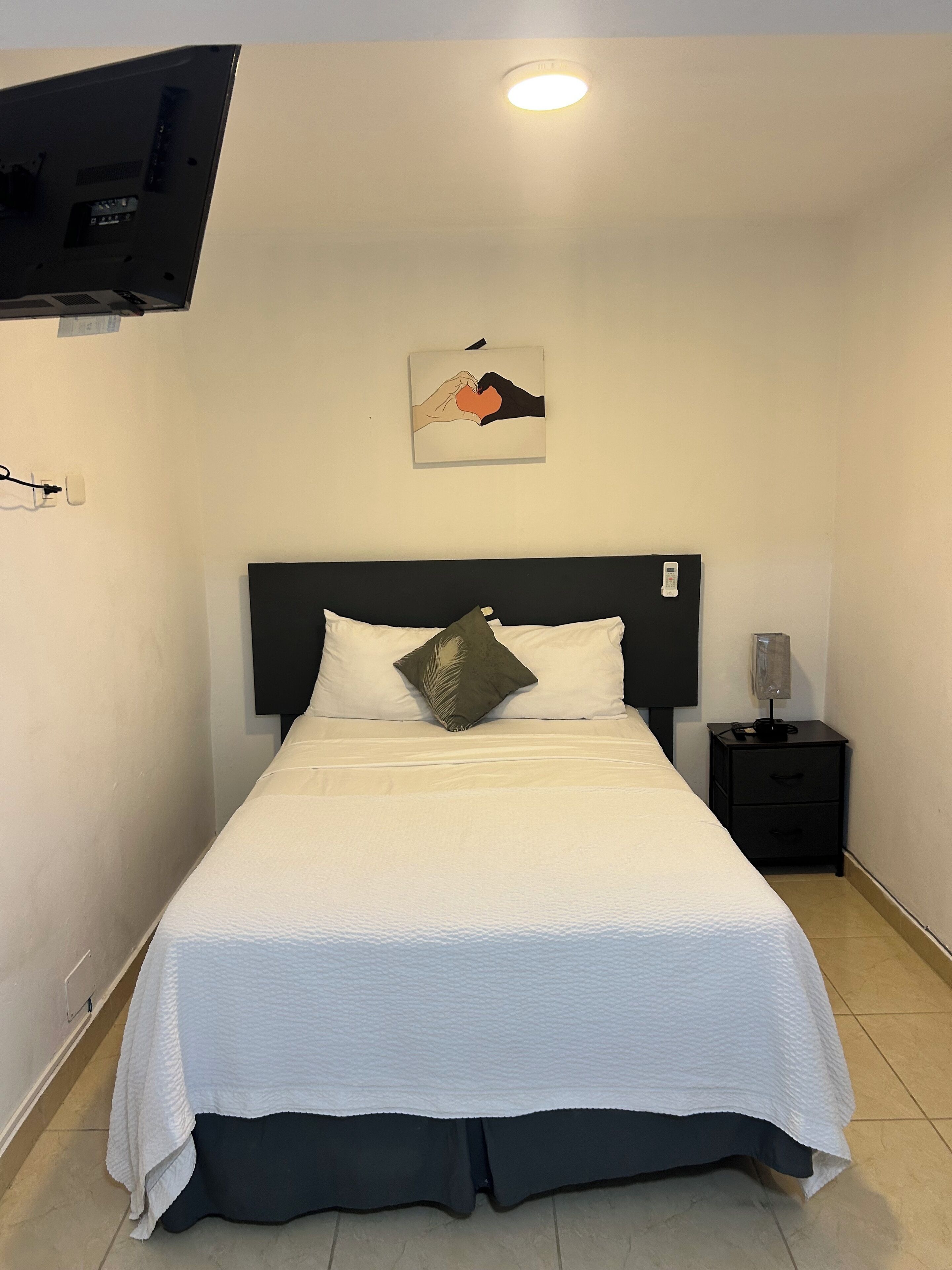 Una cama bien hecha con edredón blanco y almohada oscura, una mesita de noche con lámpara, y un cuadro colgado en la pared.