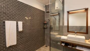A modern bathroom with a glass-enclosed shower, a large mirror, and a built-in sink.