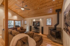 TV, fireplace, books, stereo
