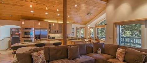 TV, fireplace, books, stereo