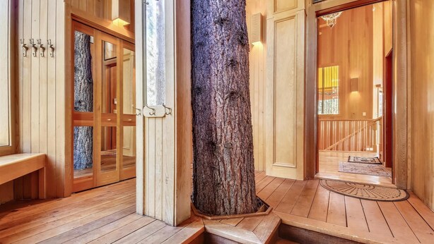 A wooden interior with a large tree trunk centerpiece, wooden doors with glass panels, and a staircase leading to a second floor. - HOA  w/ Pools & Hot Tubs, Dogs Ok- Northstar On The Course (Truckee)