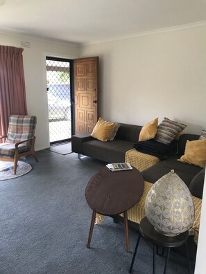 Smart TV, fireplace, DVD player, books