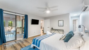 Une chambre d’hôtel moderne dotée d’un grand lit, d’un téléviseur à écran plat, d’un ventilateur de plafond et d’une porte-fenêtre coulissante donnant sur un balcon.