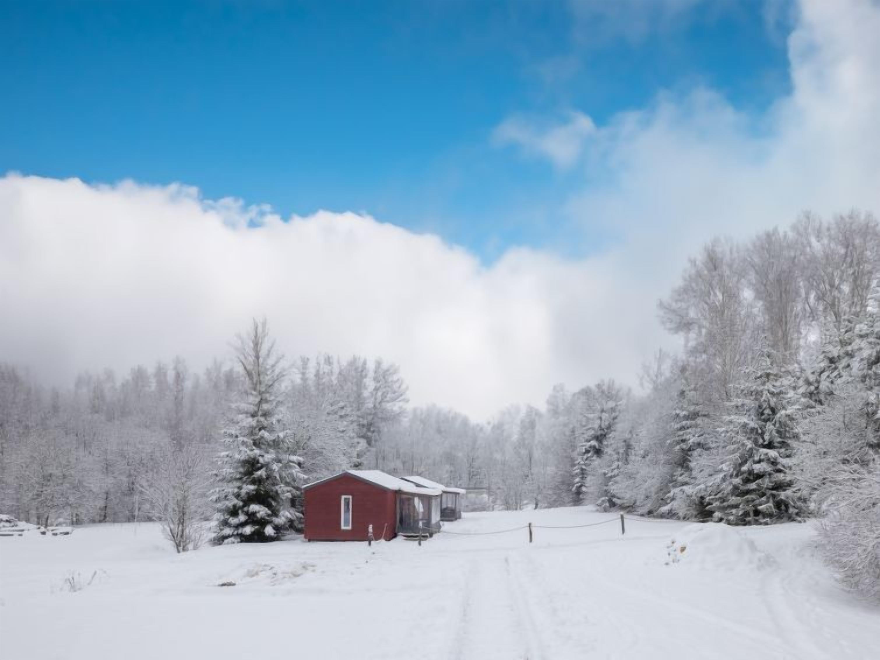Schneebedeckte Landschaft mit einem roten Gebäude, vermutlich eine Hütte, umgeben von Bäumen.