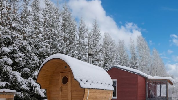 A wooden cabin with a snow-covered exterior, a red building adjacent to it, and snow-laden trees in the background.